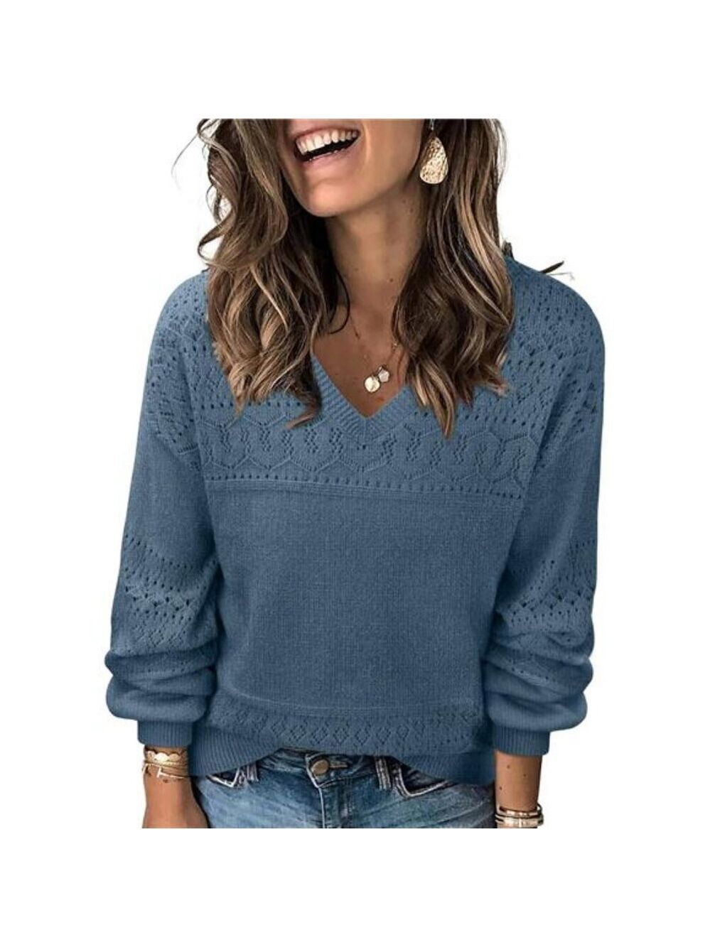 Womens V Neck Pullover Sweater Lightweight Knit Long Sleeve Casual Loose Top